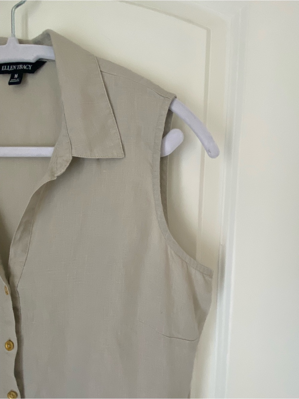 Dressy Collared Button-up Shirt Sleeveless Linen Solid Neutral Summer Tanks M - Picture 2 of 7